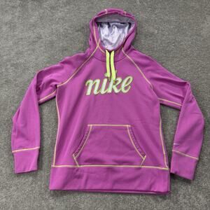 Nike Therma-Fit Hoodie‎ L Magenta Volt Green Logo Thumbholes Athletic Sweatshirt
